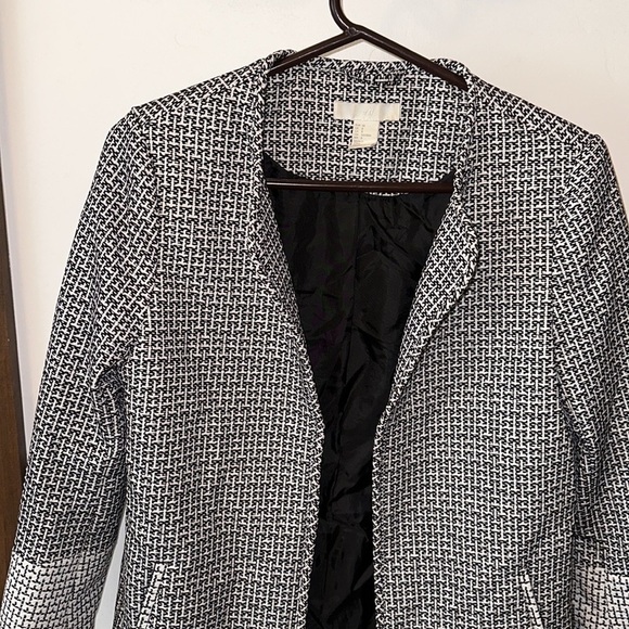 BLACK/CREAM blazer H&M Textured Weave Long Sleeve Lined Jacket Womens Sz 8 - Picture 10 of 12